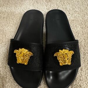 Versace Black Slides with Gold Medusa Accent
